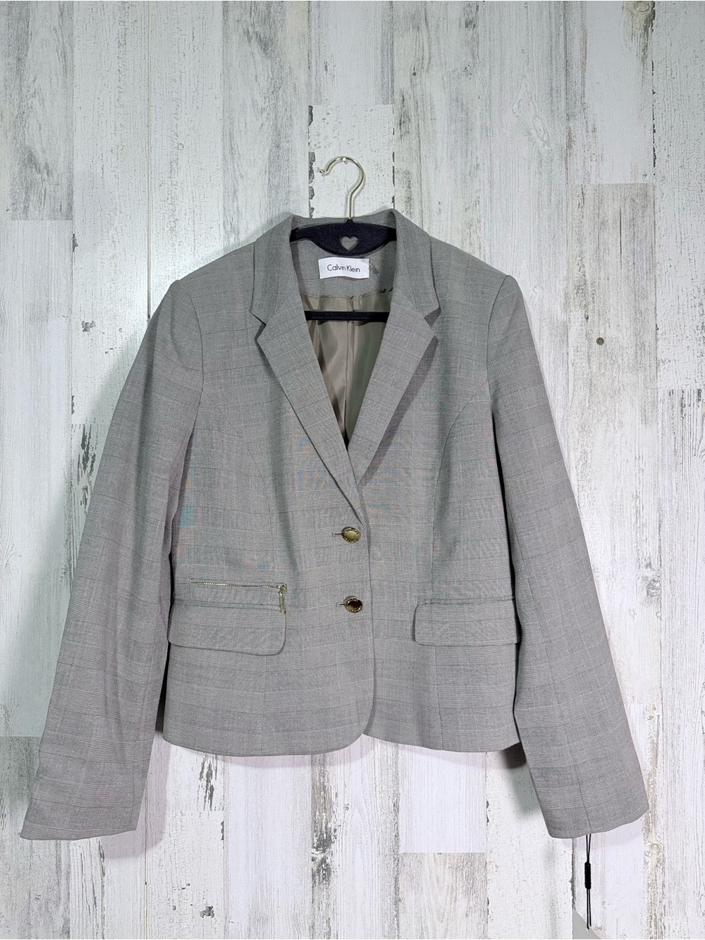 Calvin Klein Grey Plaid Blazer Jacket, 2 Button Single Breasted, Size 12P